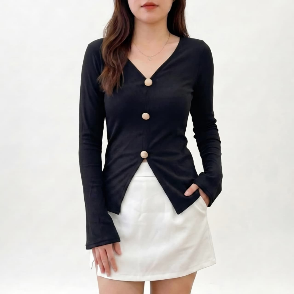 Jade Top - Atasan Wanita Longsleeve Bahan Knit Rib Top Basic V Neck Lengan Panjang Knitwear