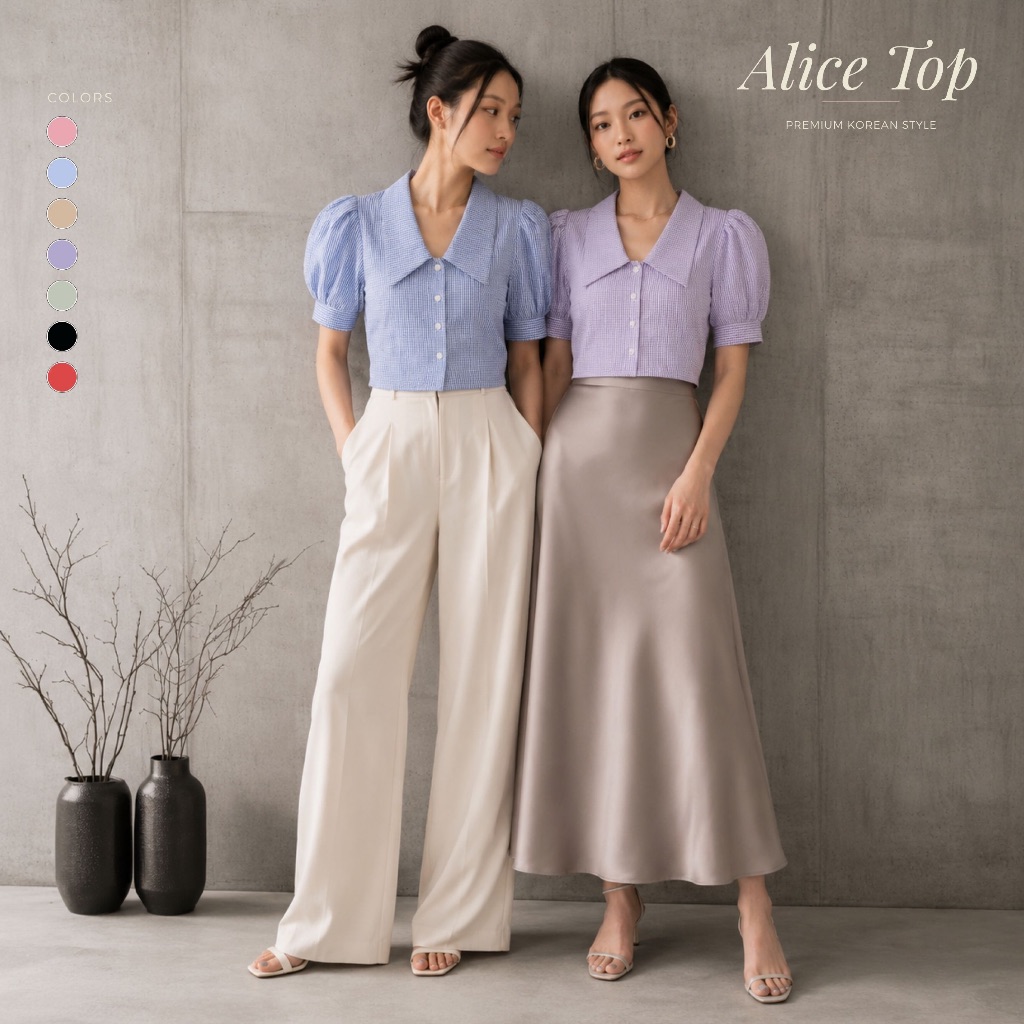 NAMARI -Alice Top- Baju Kemeja Lengan Pendek Balon Croptop Kotak Koreanstyle Wanita