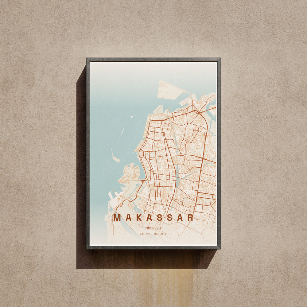 Makassar City Map Wall Art Poster Peta Kota Makassar Hiasan Dinding Aesthetic Ukuran A3