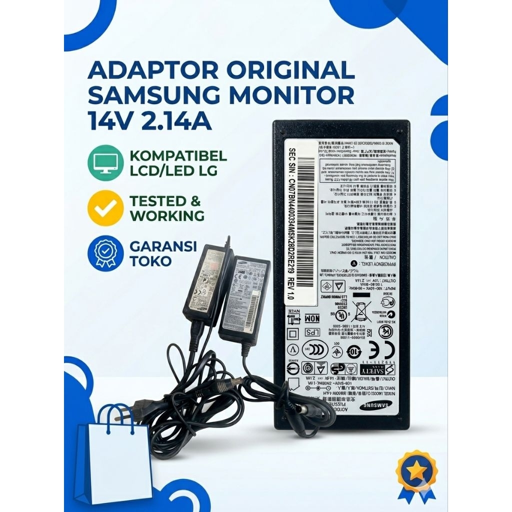 Adaptor Charger Monitor Samsung 14V 2.14A Original - Adaptor LCD Monitor Samsung LG - Garansi