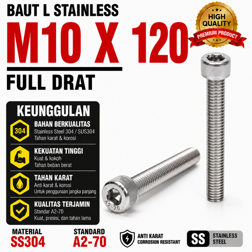 Baut L Stainless M10X120 / 10X120 / M10 X 120 / 10 X 120 Full Drat SS304 / SUS304 / A2-70