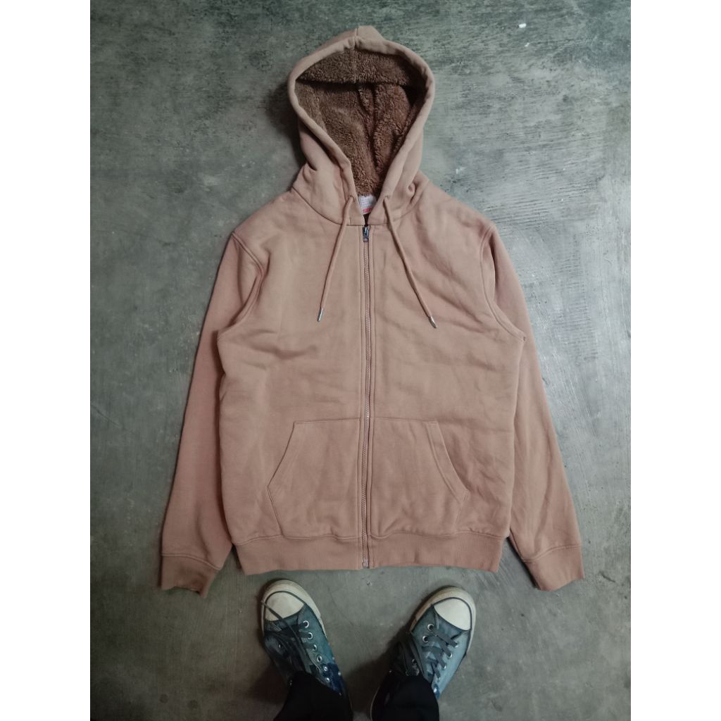 Hoodie Zipper hangat Sherpa Brand SPAO super tebal