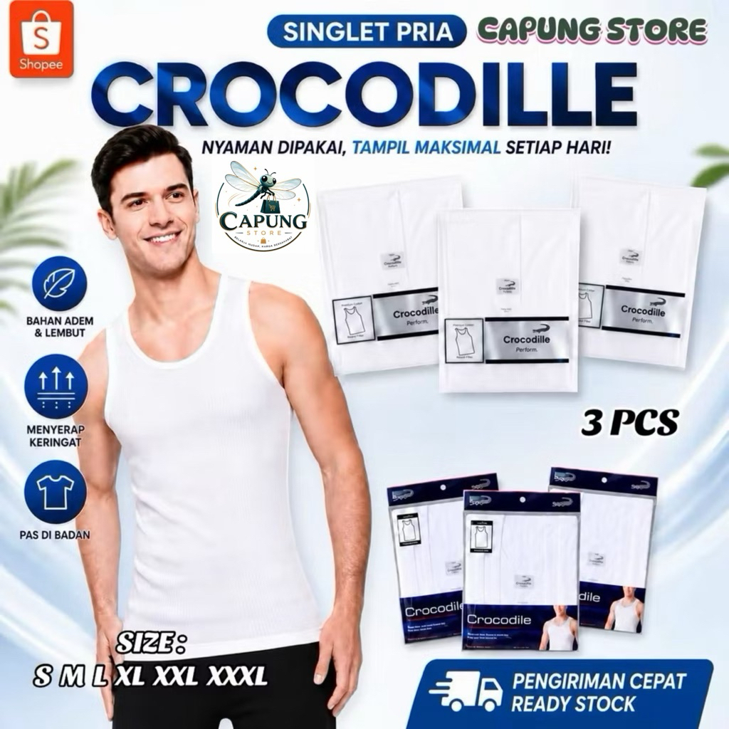 [ 3 pcs ] Singlet Crocodile 801 V Kaos Dalam Pria Putih Salur | Pakaian Dalam Pria Singlet Crocodile