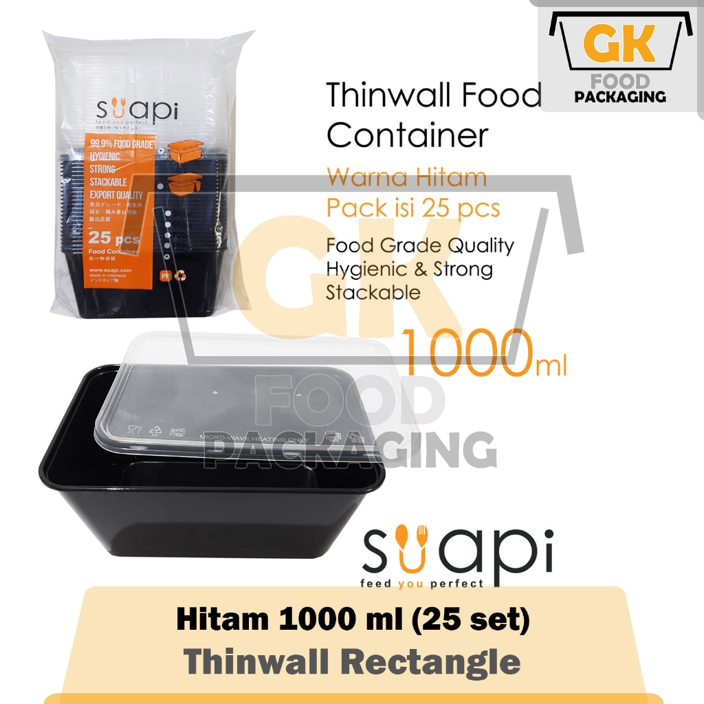 [Minimal 3] Food Container SUAPI Warna Hitam 1000ml 1L isi 25 set Thinwall Wadah Makanan Tepak Makan