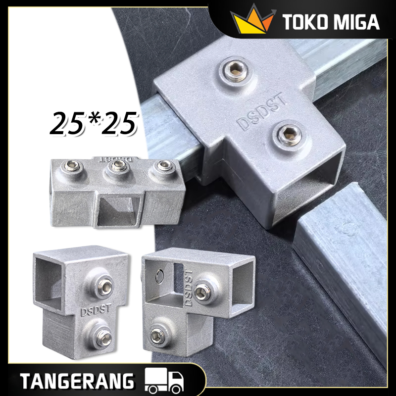 Sambungan Pipa Kotak 25MM T Joint Cross Joint / Konektor Rak Gudang DIY / Fitting Aluminium Pipa Per