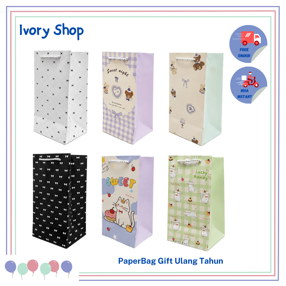 Paper bag Tas Tumbler Gift Bingkisan Ulang Tahun Goodiebag Kucing Beruang Pita Coquette