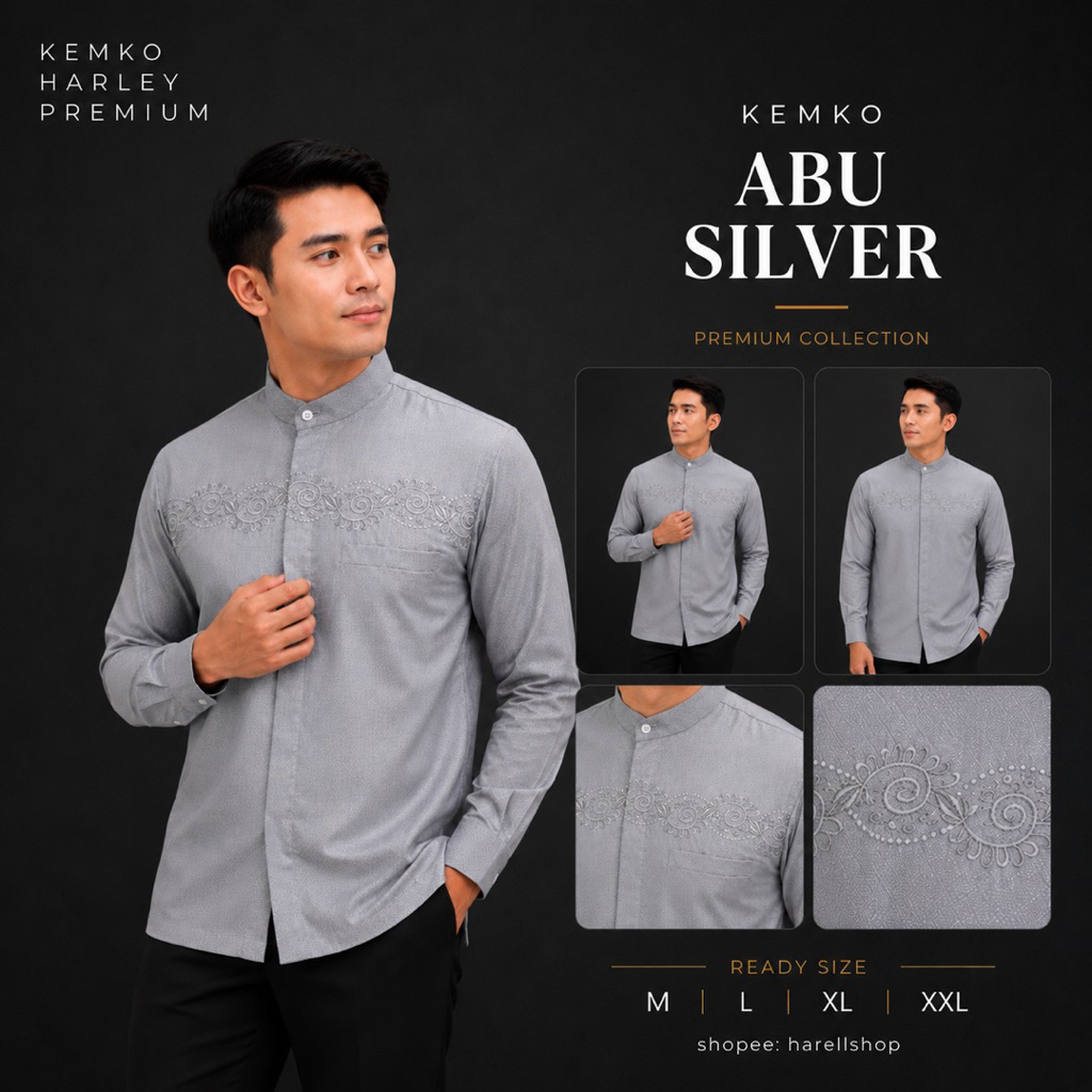 Kemko Harley Pria Lengan Panjang Abu Silver | Koko Modern Bordir Premium | Bahan Elegant Shimmer