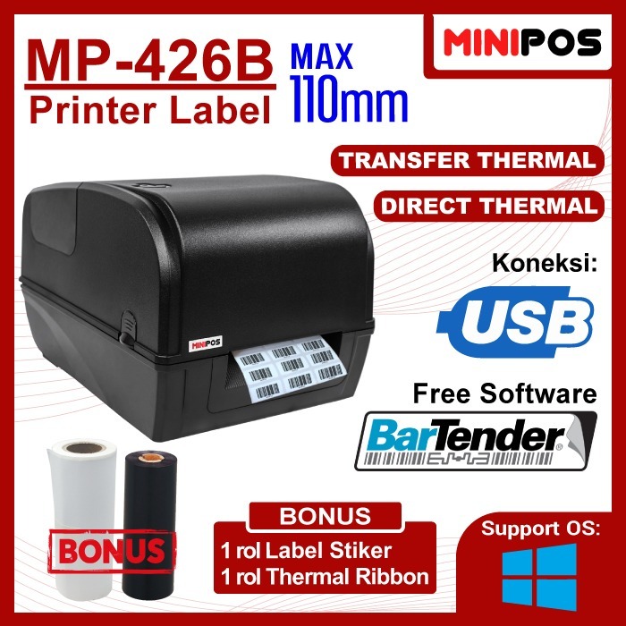 MINIPOS MP-426B Printer Barcode Label Ribbon / Direct Thermal Kabel USB Head Awet Software Bartender