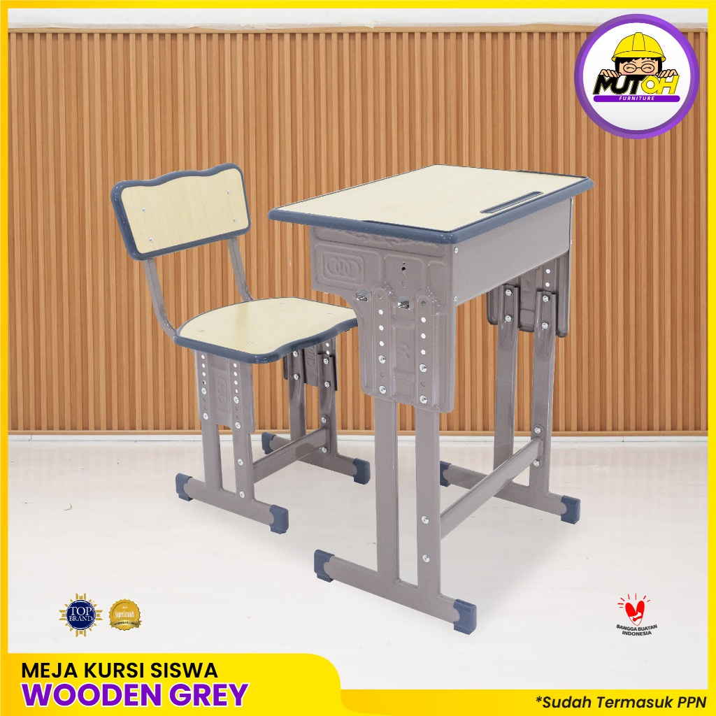 Meja belajar Set Wooden Grey meja kursi siswa | warna serat kayu lis abu-abu