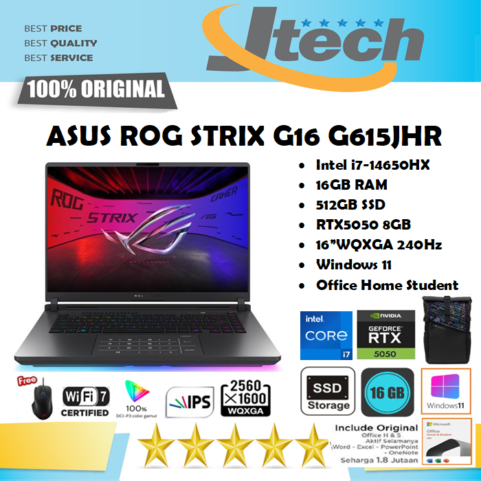 ASUS ROG STRIX G16 G615JHR I7 14650HX RTX5050 16GB 512GB 16"WQXGA W11 OHS