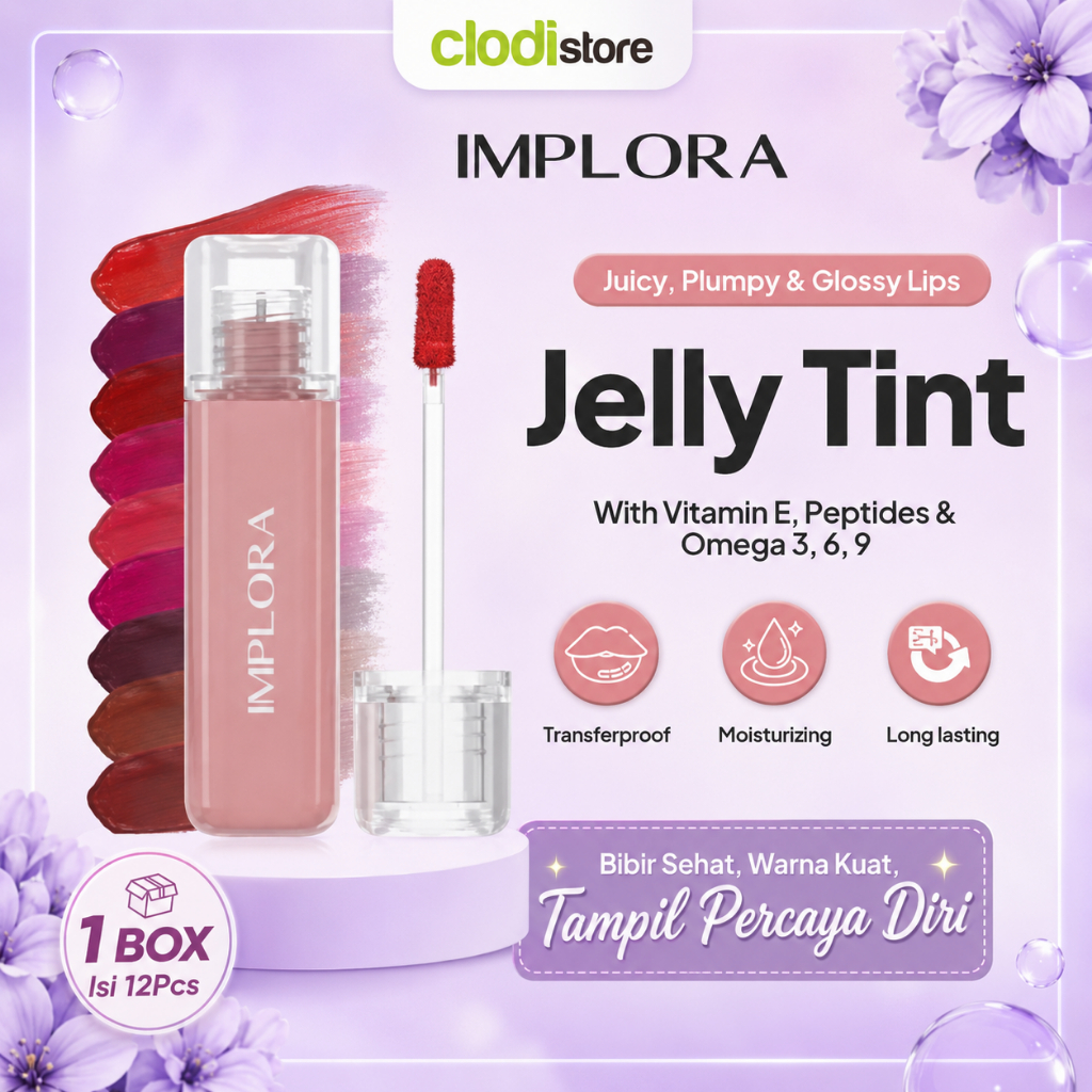 [1 Box] Implora Jelly Tint with Omega & Vit E Liptint Gloss 1 Box Isi 12 Pcs Implora Lip Tint Stain