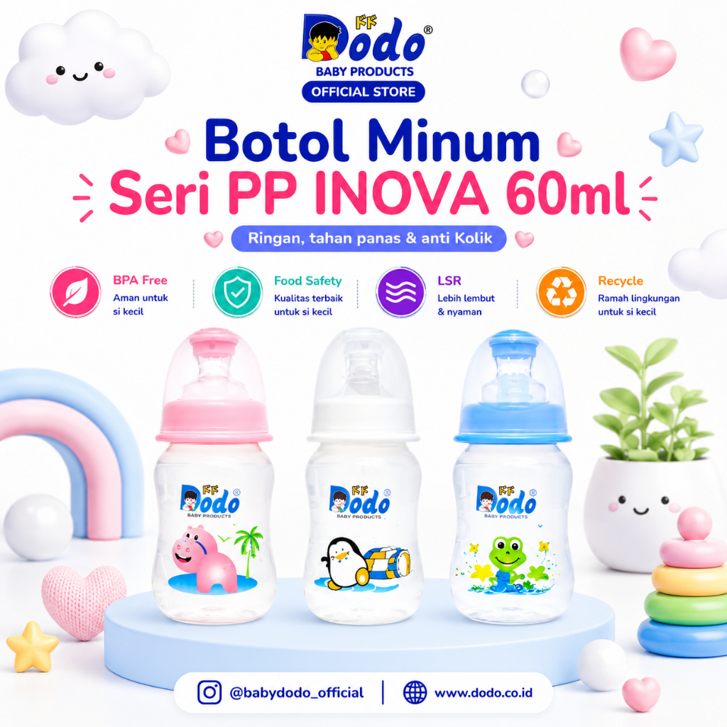 Dodo Botol Minum Susu Anak Seri PP Inova 60ml | Anti Kolik | BPA Free | Dot Pedo | Dot Pipih