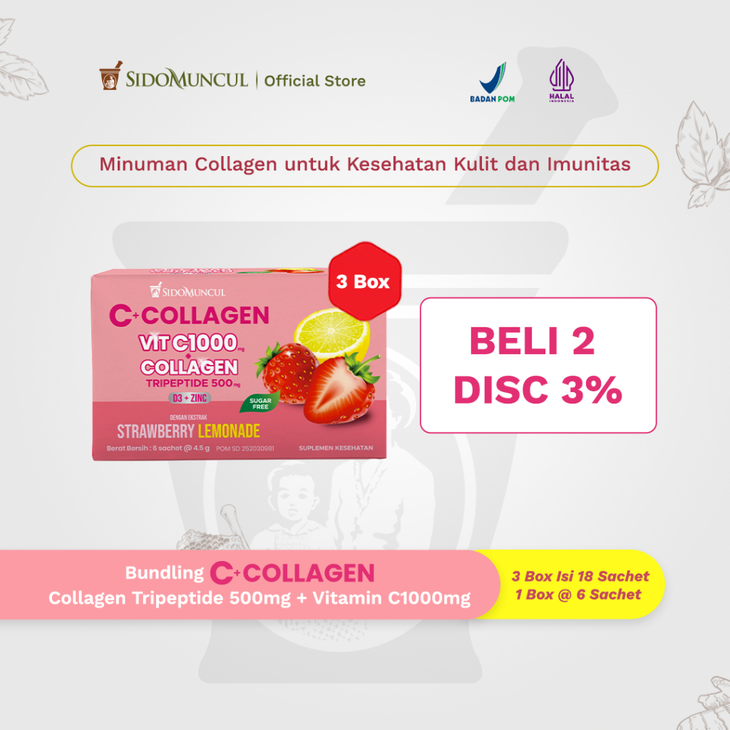 C+Collagen 3 Box Isi 18 Sachet - Minuman Collagen Tripeptide 500mg + Vit C 1000mg untuk Kesehatan Ku