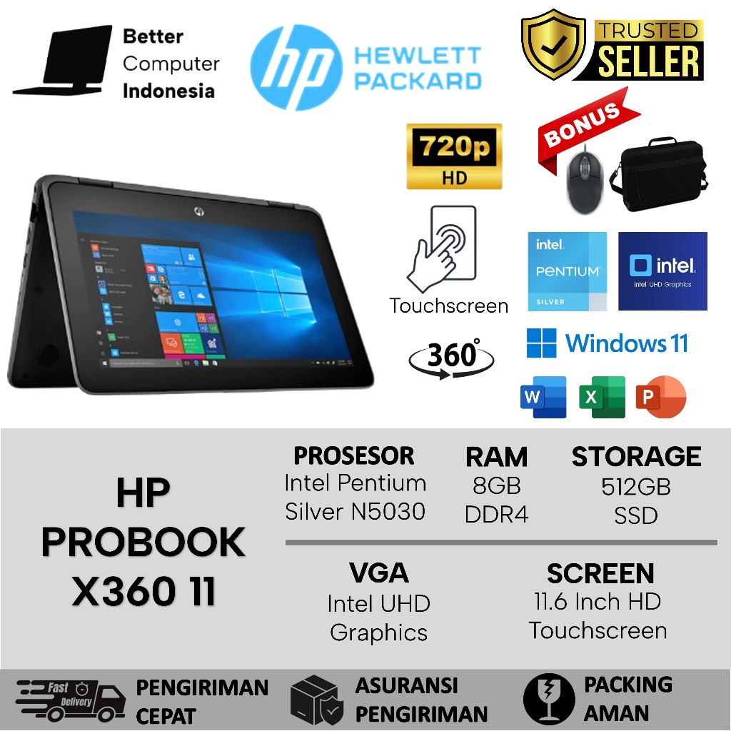 Laptop HP Probook X360 11 Touchscreen Intel Pentium Silver N5030 8GB 512GB SSD Windows 11 Black