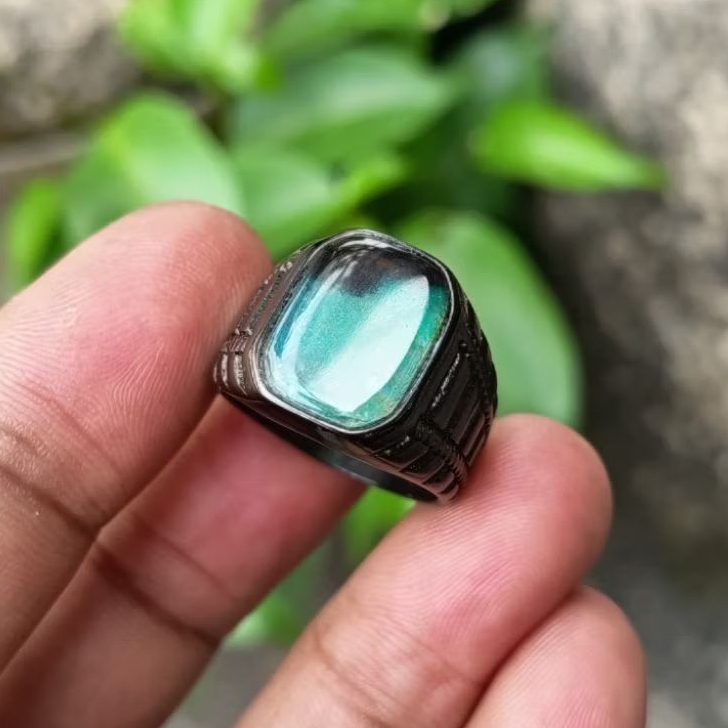 cincin batu akik bacan Doko majiko kristal natural model kotak titanium size 8