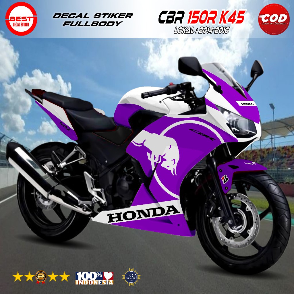 Decal Stiker Fullbody Motor Honda CBR 150R K45 Putih Ungu Motif Red Bull
