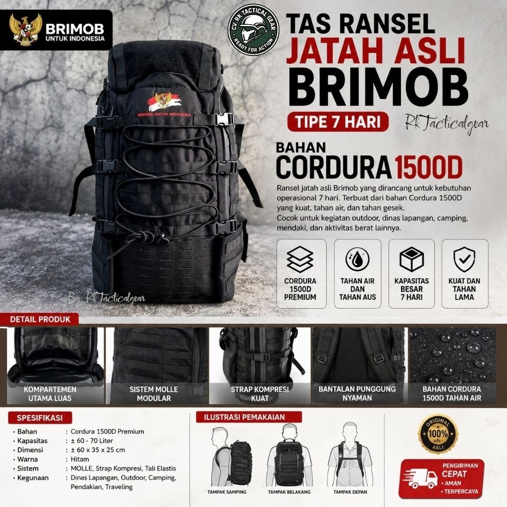 TAS RANSEL HITAM JATAH ASLI BRIMOB TIPE 7 HARI UKURAN 70LITER X Cartenz / J-FORCES