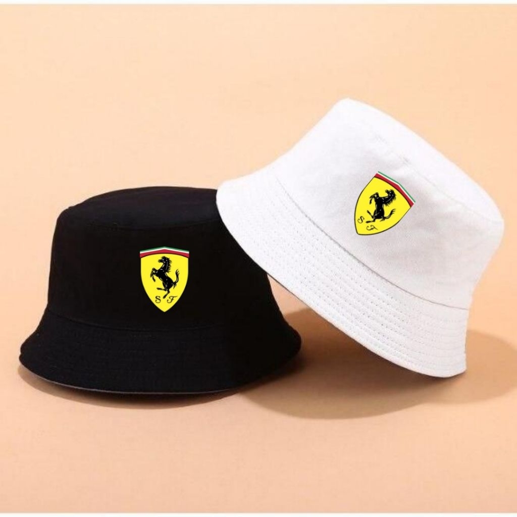 Topi Distro Bucket Hat Premium Polos Logo Ferrari Topi Dewasa Unisek