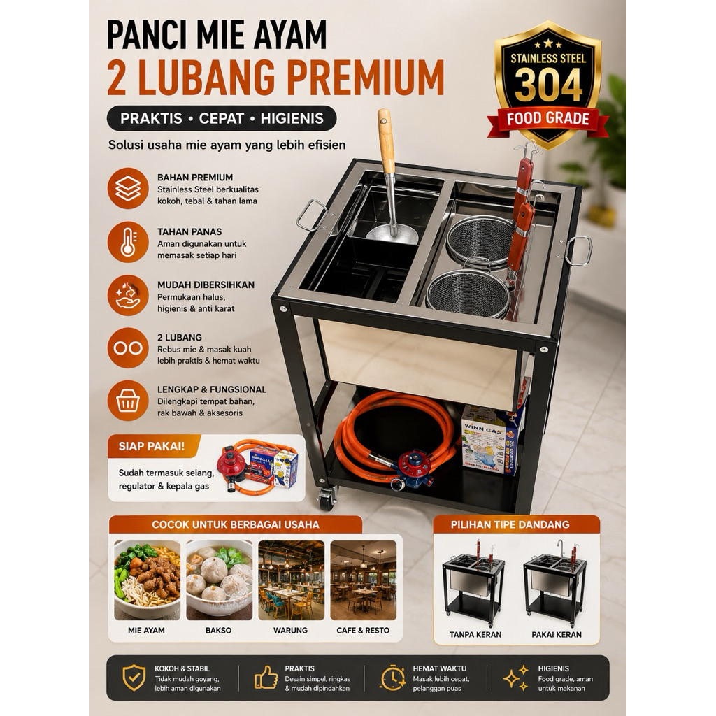panci mie - dandang mie ayam - panci mie ayam, 2 lubang