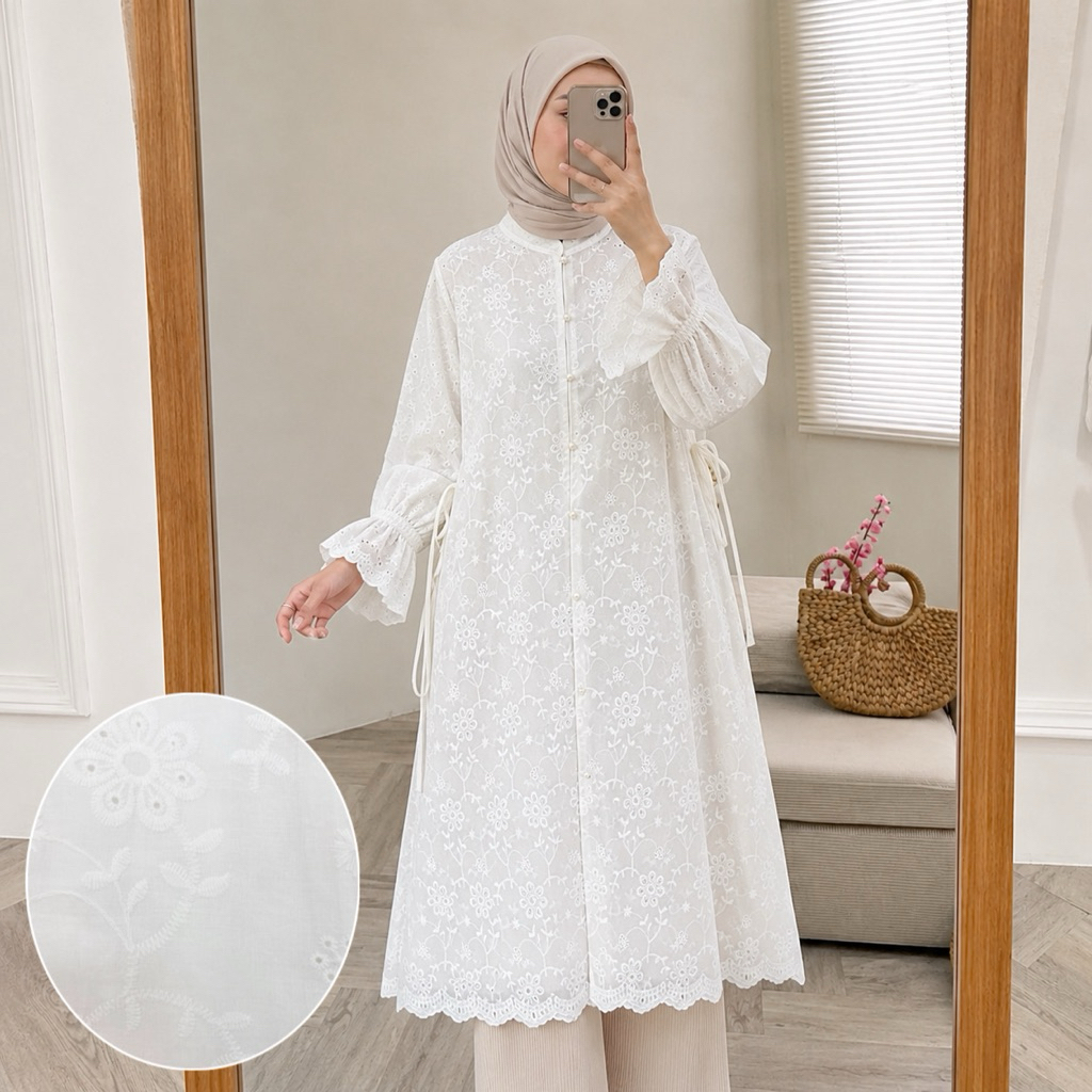 Amia Tunik Katbol tunic bordir katun bolong broken white kondangan