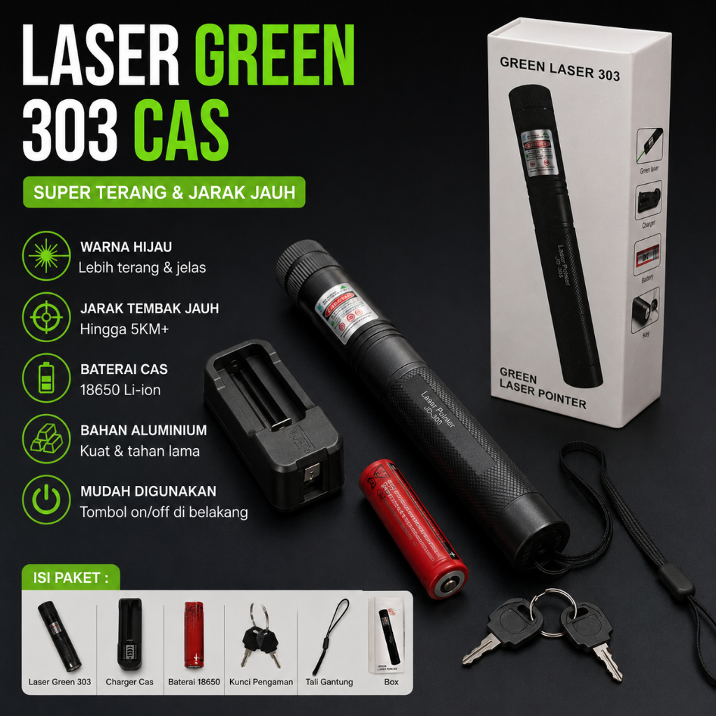 Laser Pointer Hijau Set / Green Laser Pointer 303 / Laser Hijau Pointer / Laser Pointer Jarak Jauh
