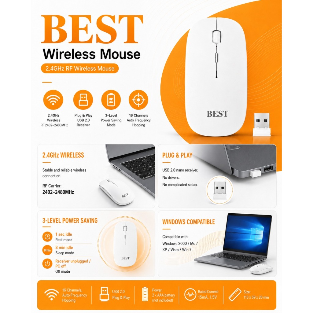 MTECH Mouse Wireless Slim Mouse Komputer PC Laptop