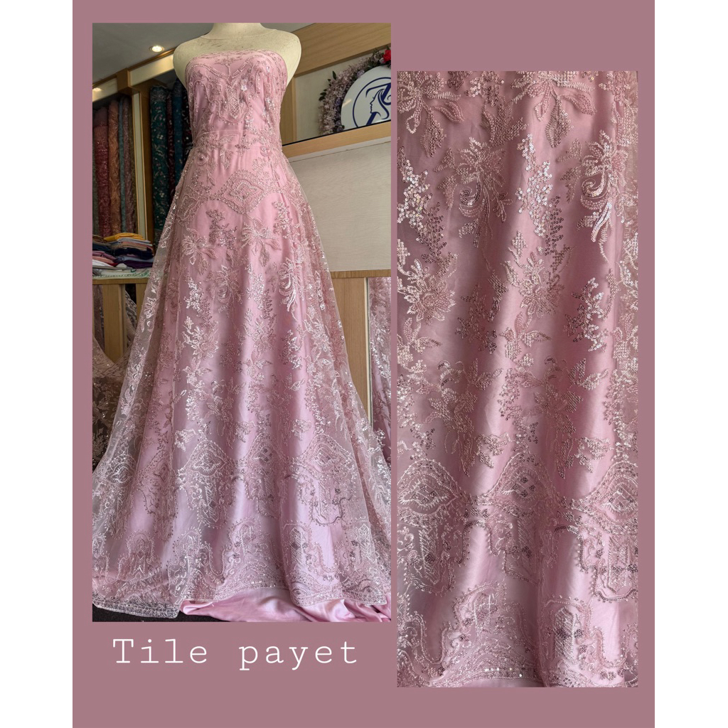 kain tile/tulle payet sewaroski, tile kain brokat, tile payet, tile akar, tile accessories, tile pol