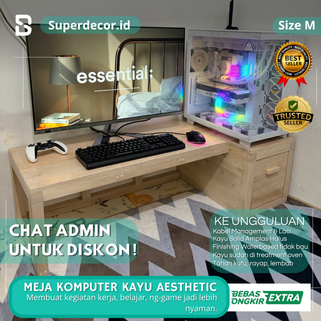 Meja Komputer Lesehan Kayu Aesthetic / Meja belajar / Meja Kerja / Meja Lesehan