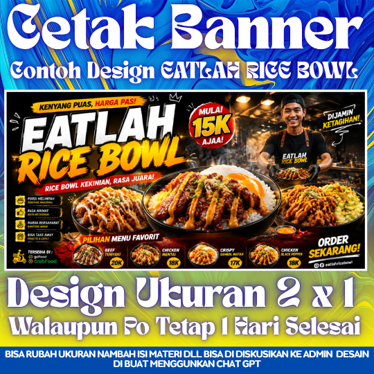Cetak Spanduk Tema Eatlah Rice Bowl, Fore Coffe, Roti Bakar Jiwa Toast, Dagang Janji Jiwa & Sehari J