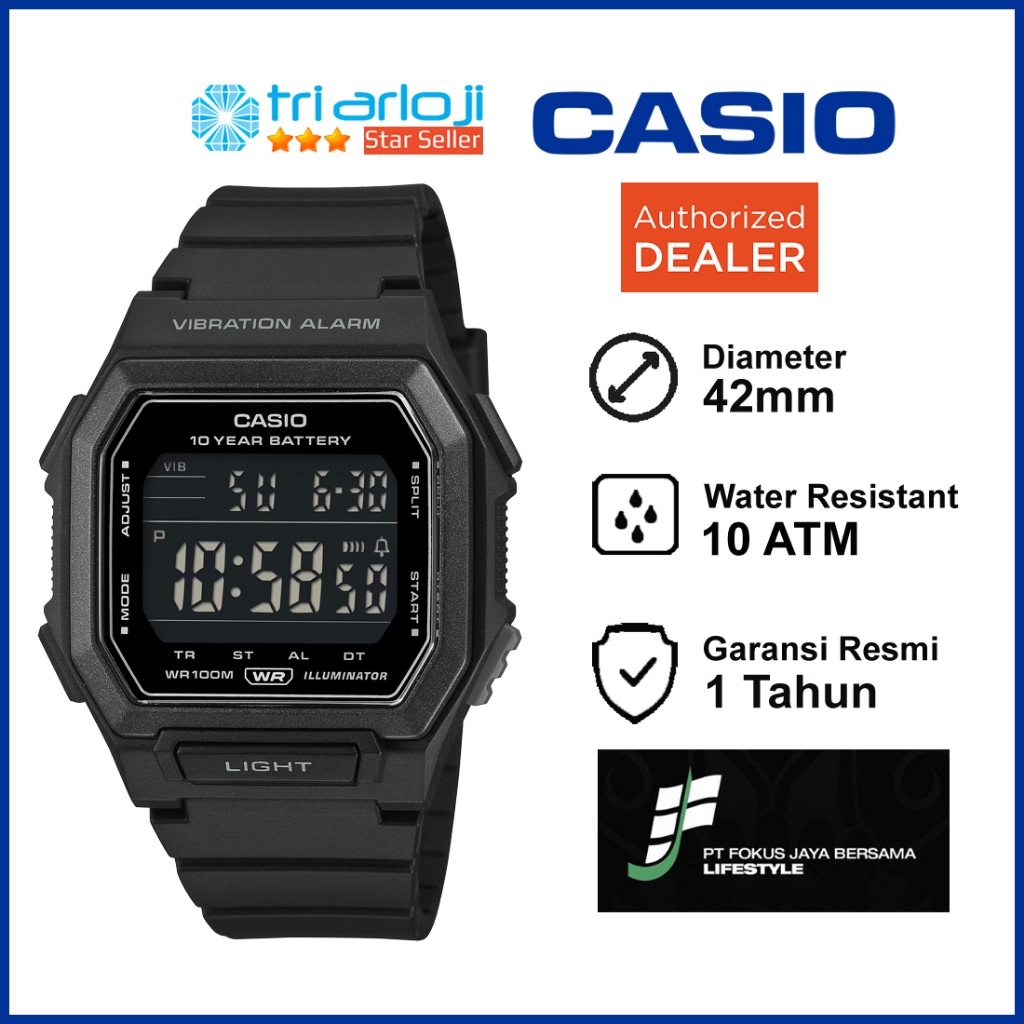 CASIO W-738H-1BVDF Jam Tangan Pria Digital Karet Original W-738H-1B W738H Vibrate Alarm