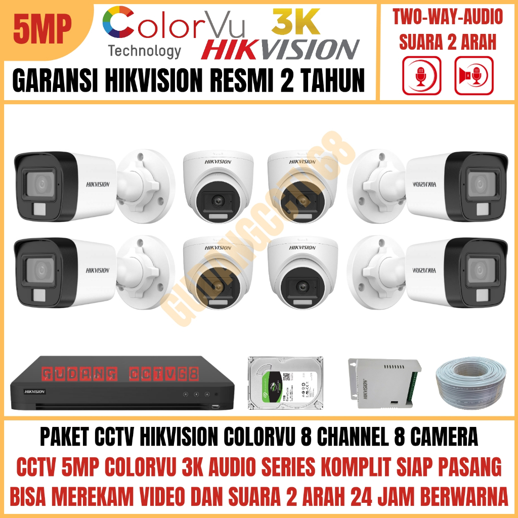 Paket CCTV HIKVISION COLORVU 8 Channel 8 Camera 5MP 3K Full Colour AUDIO TWO WAY Komunikasi 2 ARAH