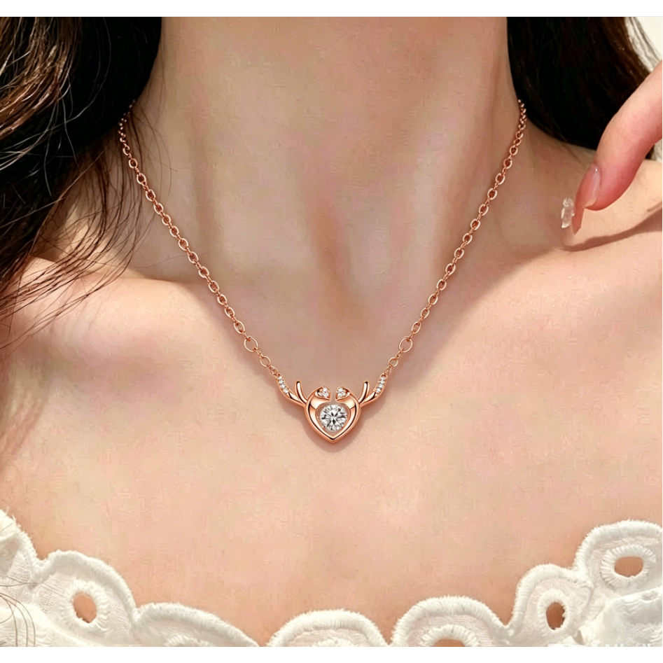 Kalung Tanduk Rusa Berbentuk Hati dari Titanium dengan Zirkonia "With You" Desain busana Korea Ringa