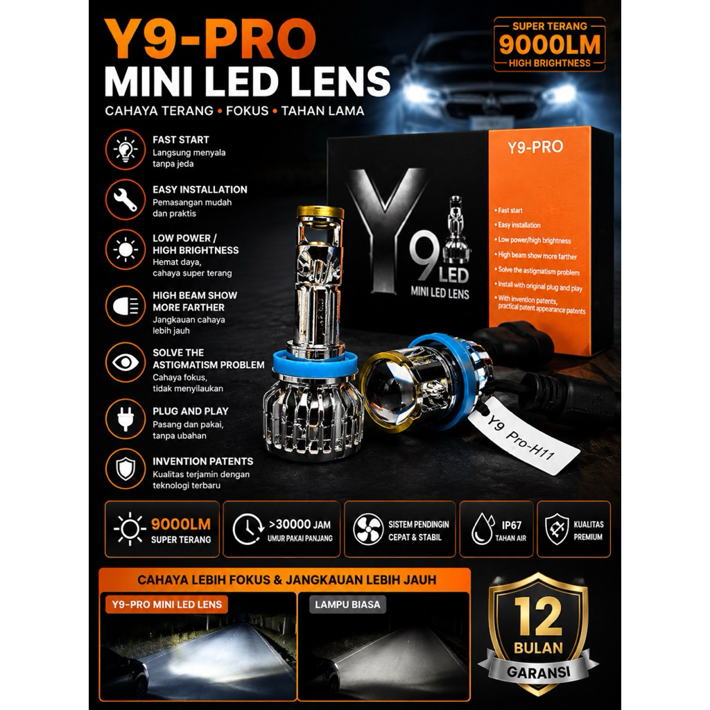 Lampu LED Proyektor Mini Lens Y9-PRO H11 Super Terang Fokus Jauh Plug & Play