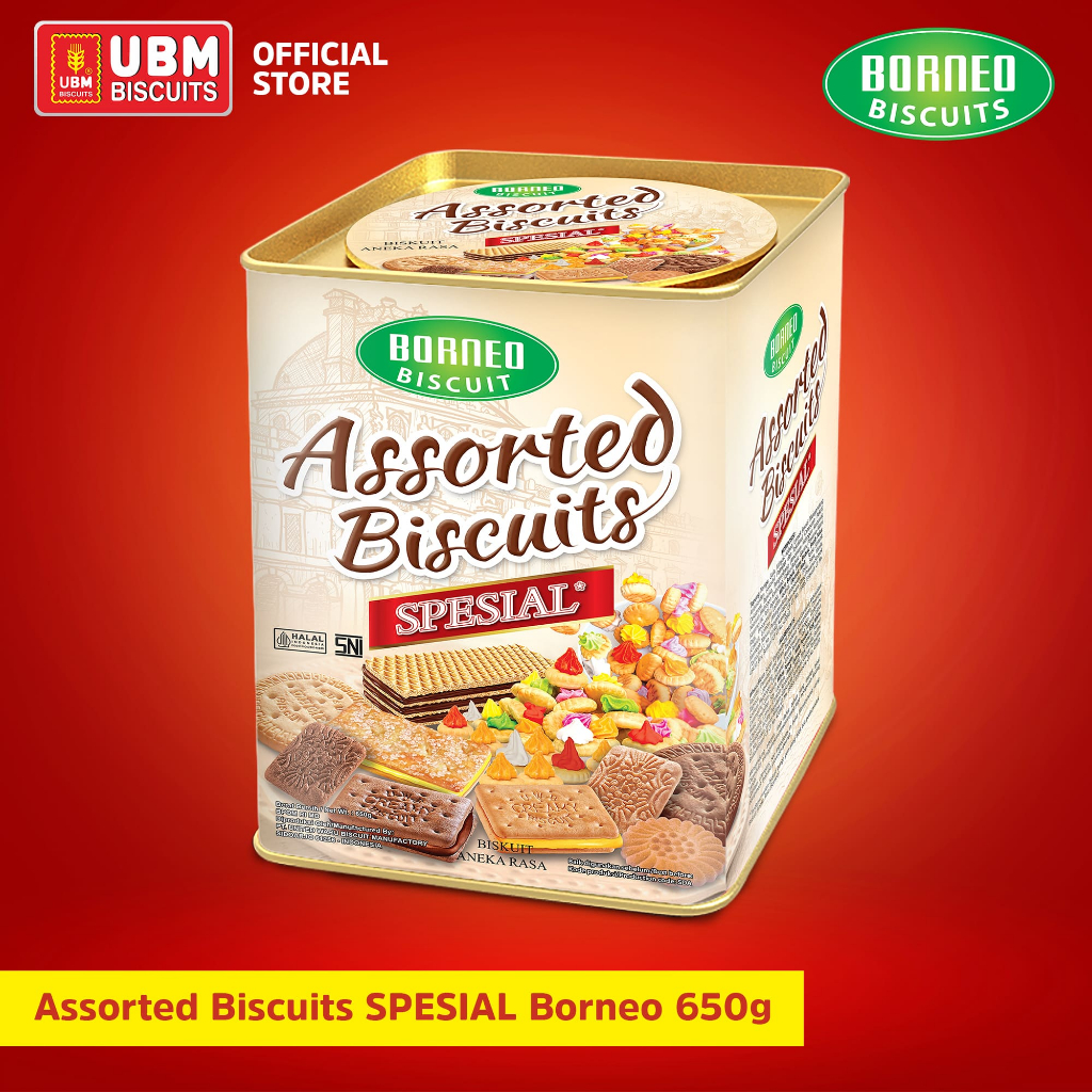 UBM Biscuit Assorted SPESIAL Borneo 650G Biskuit Lebaran Kaleng Segi