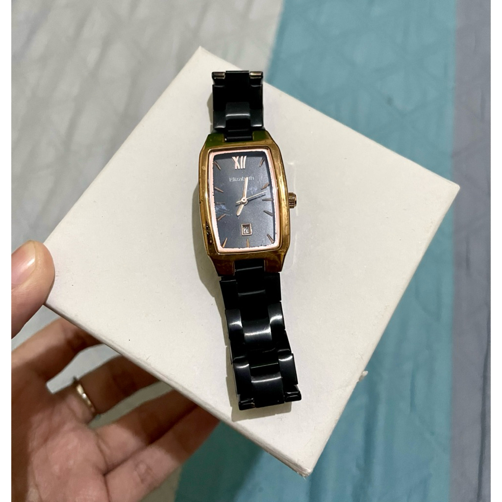 Jam Tangan Elizabeth Hitam Wanita Preloved, Jam Tangan Rantai, Jam Tangan Analog, Jam Tangan Mewah E