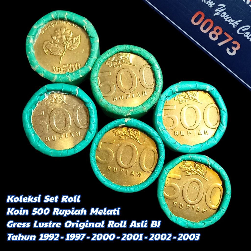 UKI006Coin Set Roll 500 Rupiah Melati Kuning Thn 1992-2003 Total 6 Roll All Gress Baru Lustre Origin