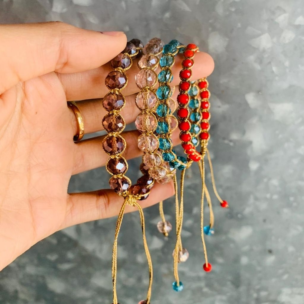 Gelang Kristal Tali Giok Metalik/Serut