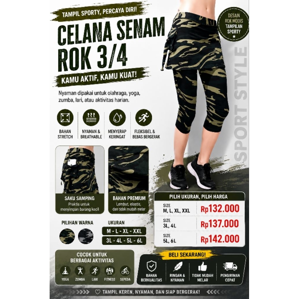 ROK CELANA ARMY - ROK SENAM HOTPANT ARMY - ROK SENAM MURAH - ROK ZUMBA