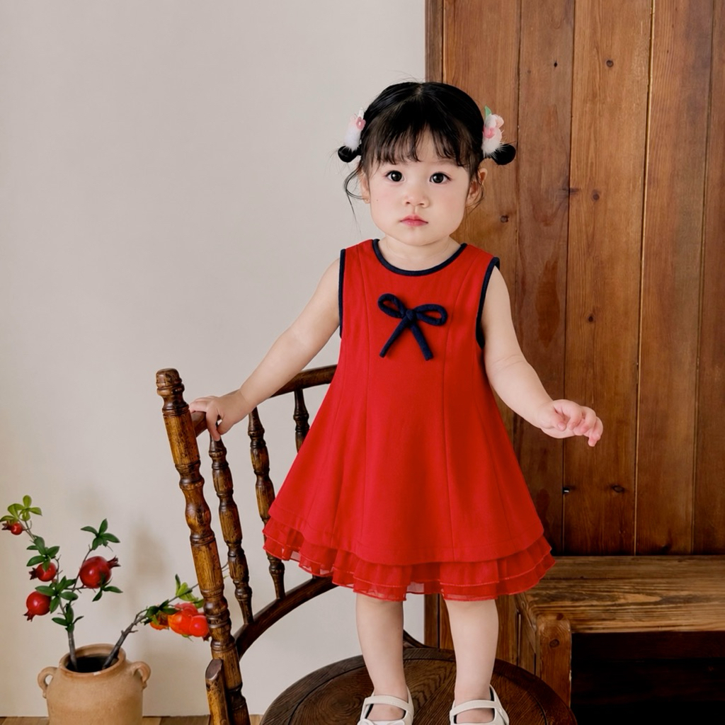 Dress Anak Perempuan 2-3 Tahun Imlek Renda CNY Merah Maroon Gaun Anak Cantik Red Marun Model Pita Ca