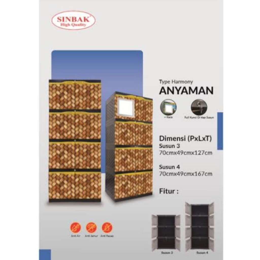 lemari plastik murah plus KACA sinbak harmony susun 4 + KACA motif ANYAMAN