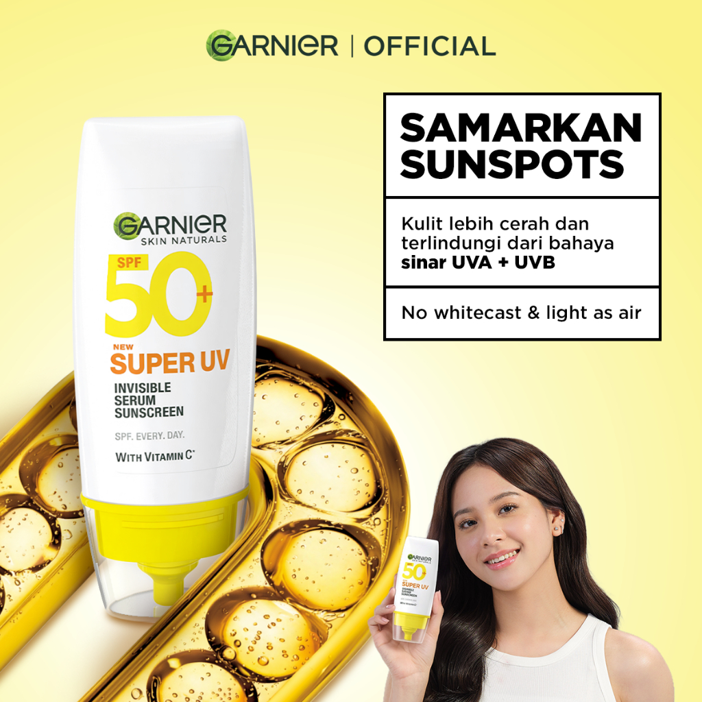 GARNIER Super UV Invisible Serum Sunscreen SPF 50+ PA++++ Vitamin C Skincare - 30ml Sunblock Mencera