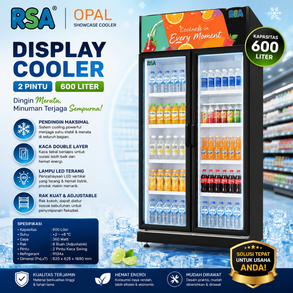 RSA SHOWCASE MINUMAN 2 PINTU / DISPLAY COOLER RSA OPAL 600 LITER