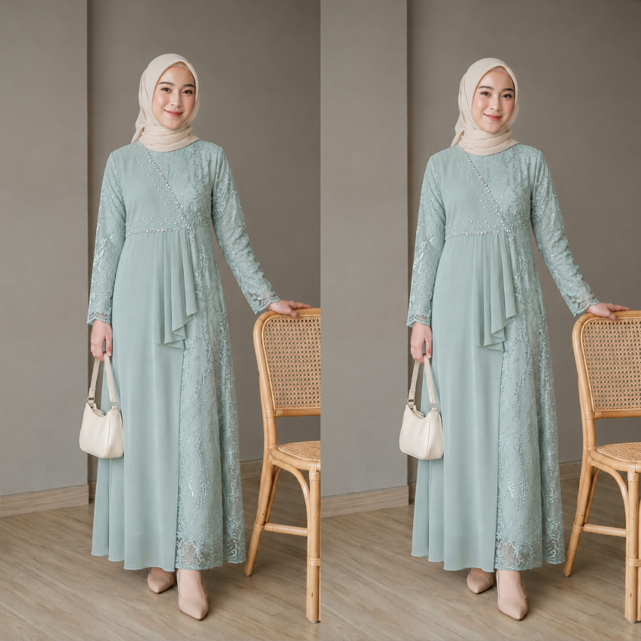 Yuma Dress Satin Brokat Kondangan Tunangan Lamaran Wisuda  Duyung Payet Mutiara