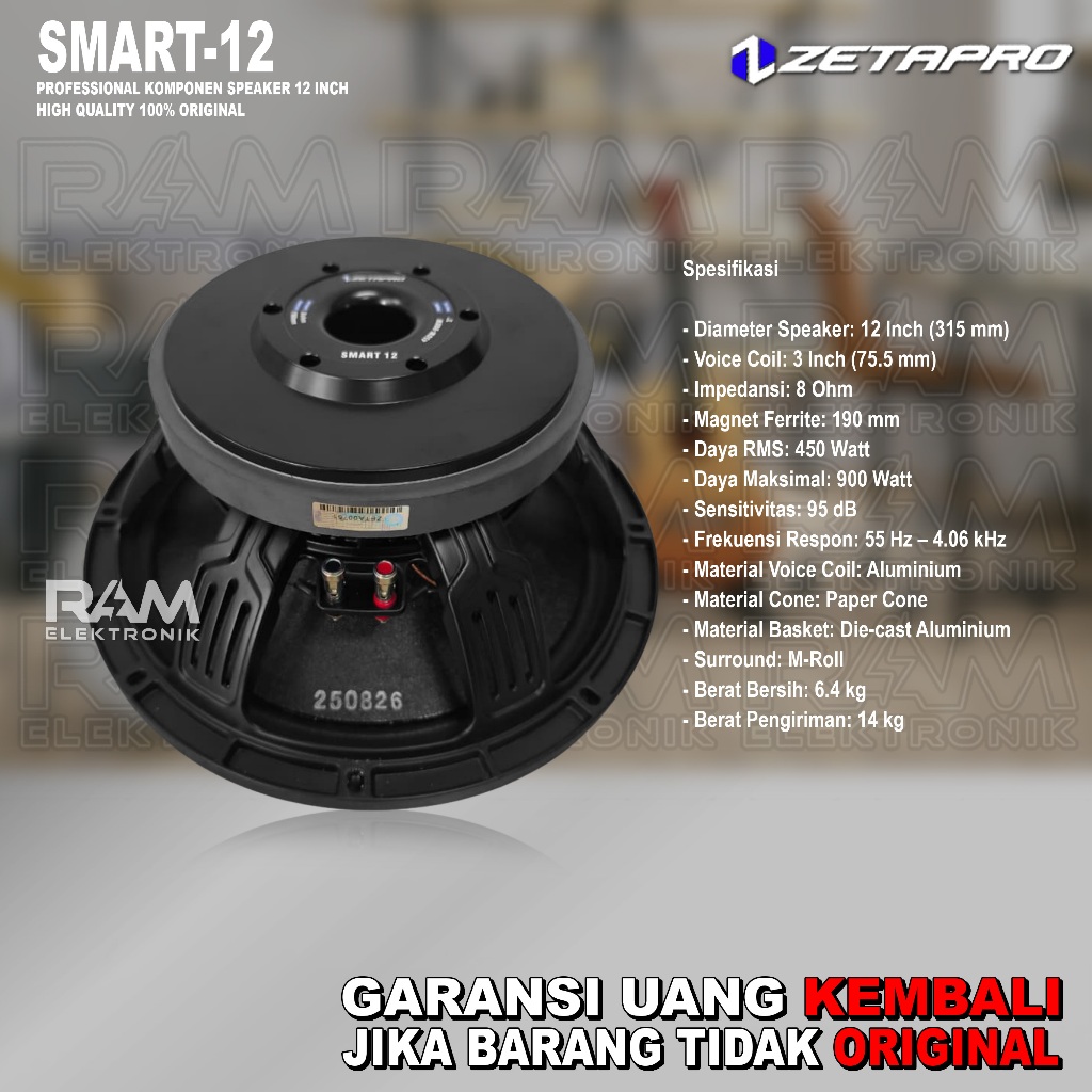Komponen Speaker 12 Inch ZETAPRO SMART12 | SMART 12 Original 900 Watt