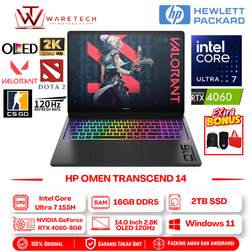Laptop Gaming Hp Omen Transcend Intel Ultra 7 16GB DDR5 2TB SSD RTX 4060 14 Inch 2K OLED 120Hz