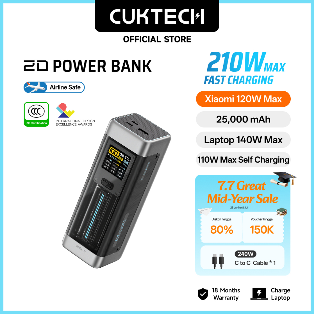 [CCC Certified] CUKTECH Powerbank 210W Max 25000mAh PD3.1 Fast Charging Smart Digital Display 3 Port