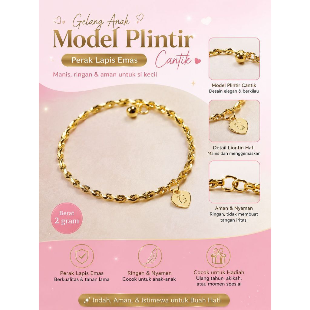 Gelang anak 2 gram perak lapis emas model plintir