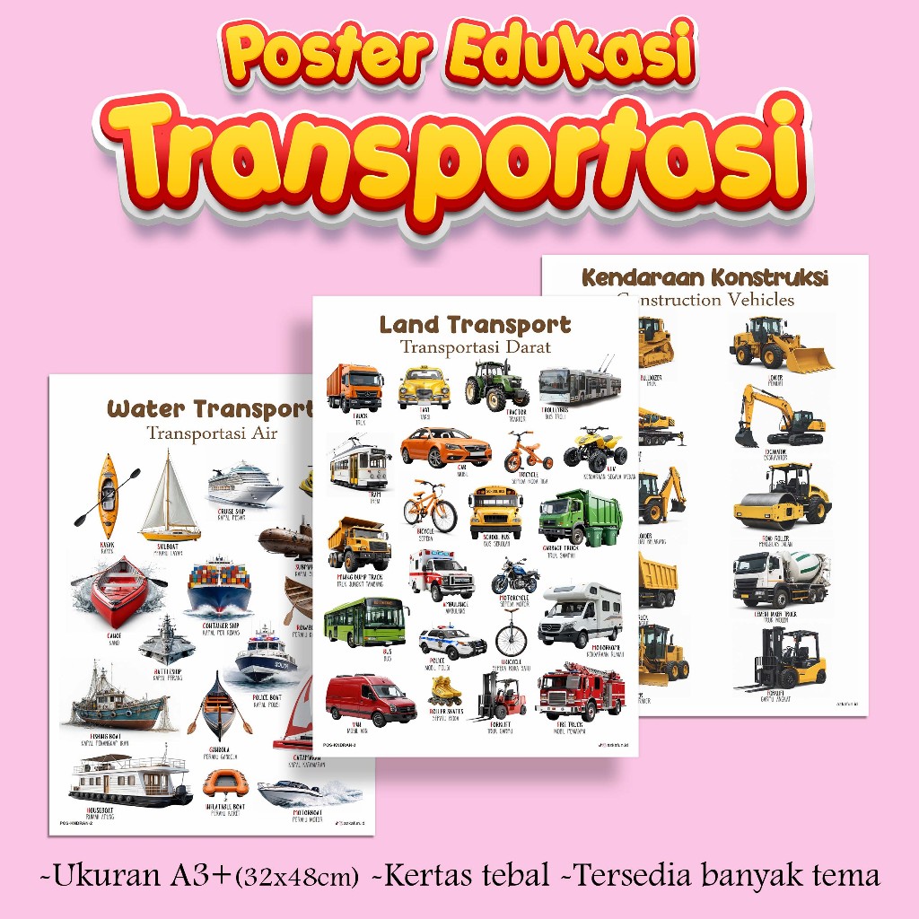 Poster Edukasi TRANSPORTASI - Poster kendaraan darat, trasnportasi laut, alat berat