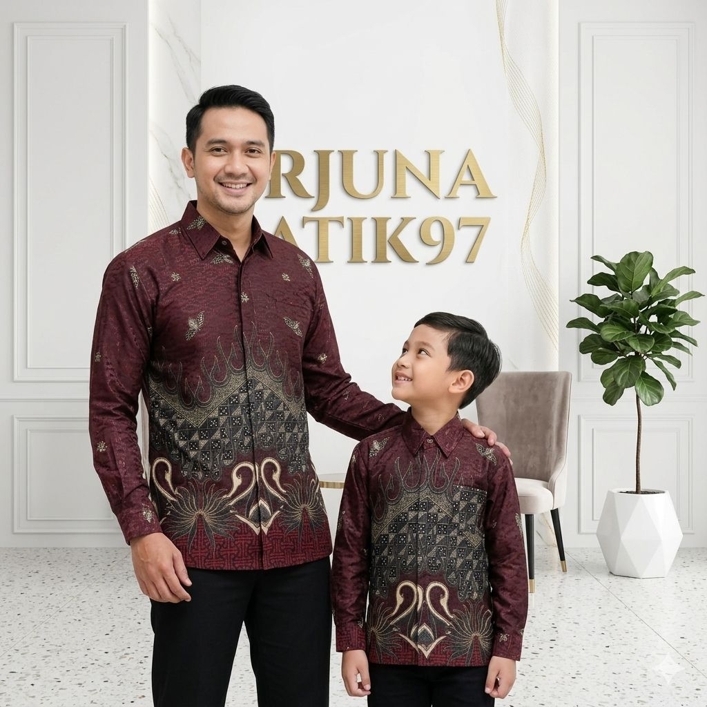 Batik Doby burgundy couple ayah dan anak motif etnik Lampung bahan Doby premium berlapis furing Hero