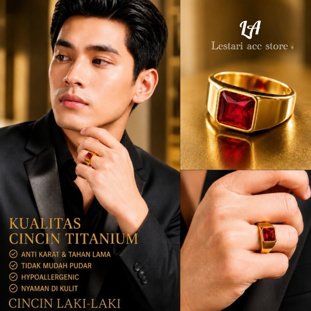 cincin pria batu ruby kristal titanium baja hitam polos | cincin fhasion klasik elegant